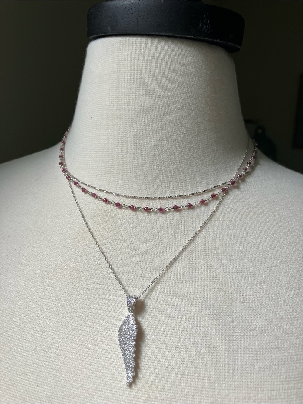 Silver Wing Pendant Necklace with Pink Beaded Choker